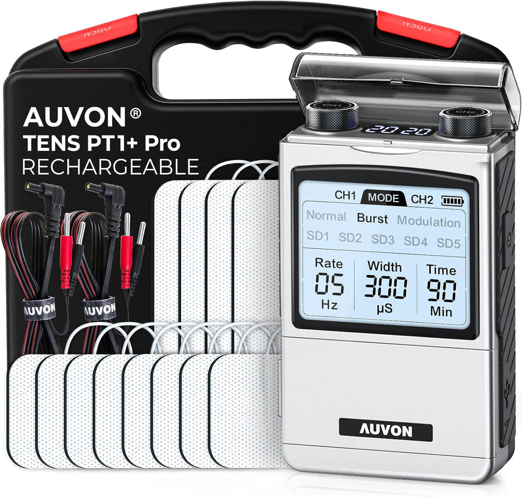 AUVON Rechargeable TENS Unit Muscle Stimulator, FSA HSA Eligible, Digital TENS Machine with 8 Customizable Modes, Electronic Massager for Sciatica, Shoulder & Back Pain Relief, 12 Pads, A Carry Case