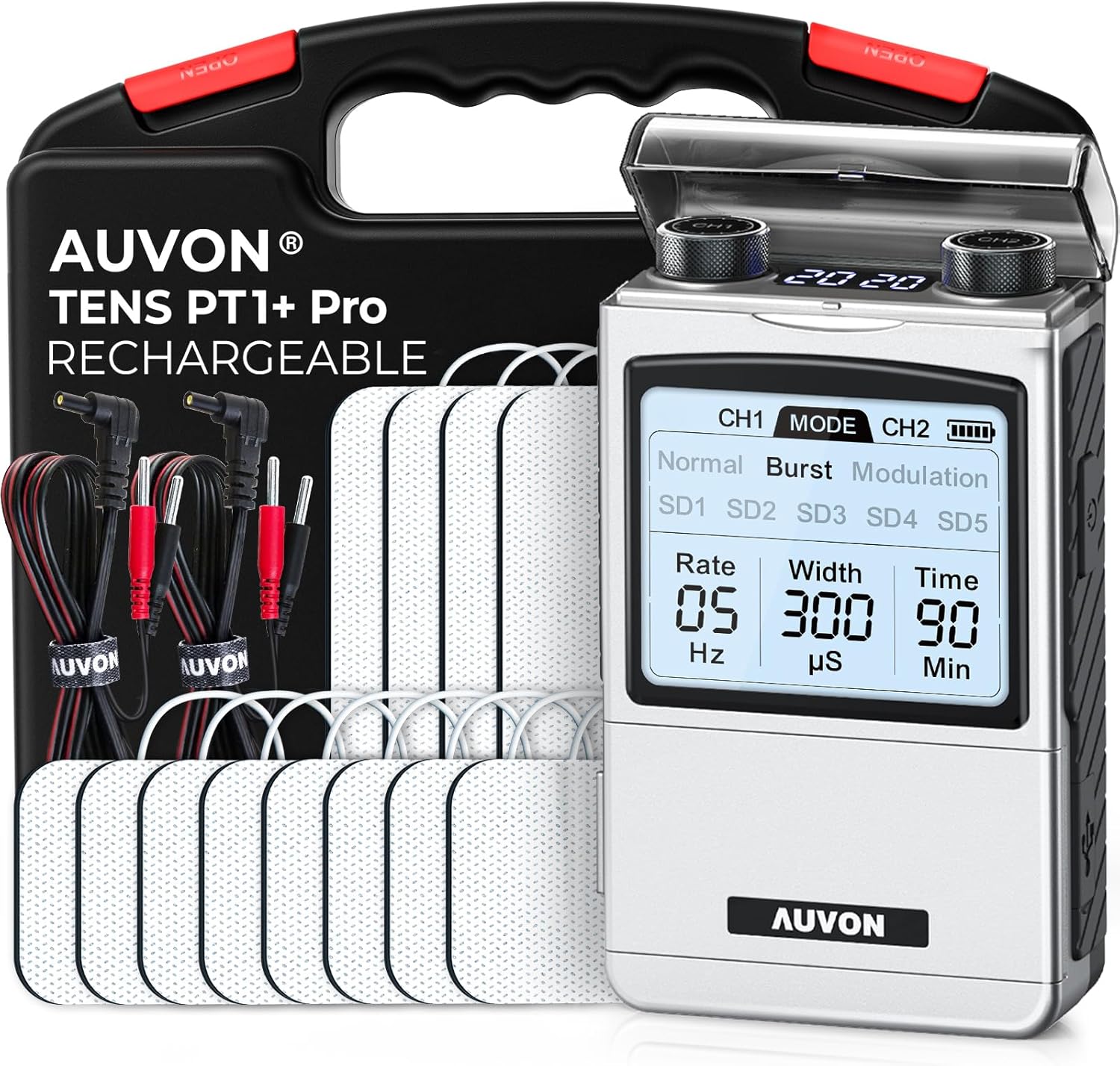 AUVON Rechargeable TENS Unit Muscle Stimulator, FSA HSA Eligible, Digital TENS Machine with 8 Customizable Modes, Electronic Massager for Sciatica, Shoulder & Back Pain Relief, 12 Pads, A Carry Case