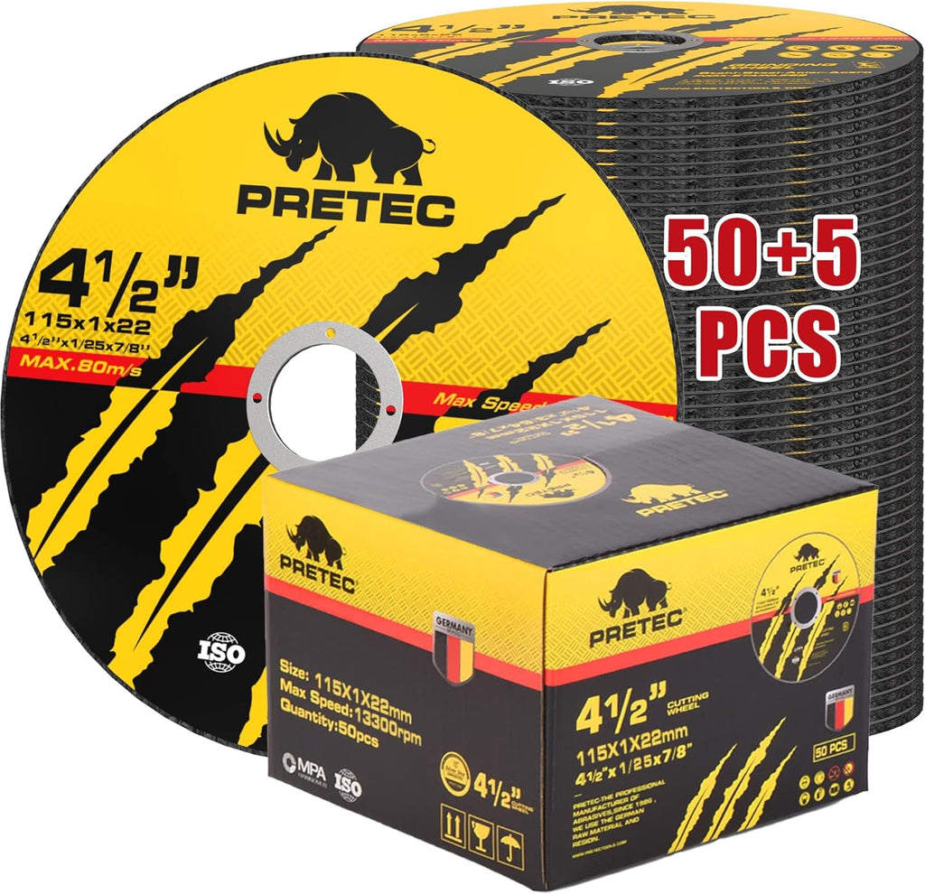 Cut Off Wheels 4-1/2", PRETEC 50+5 Pack Metal Cutting Wheel,Thin 4.5” Metal & Stainless Steel Fast Cutting Discs for Angle Grinder - 7/8" Arbor Hole