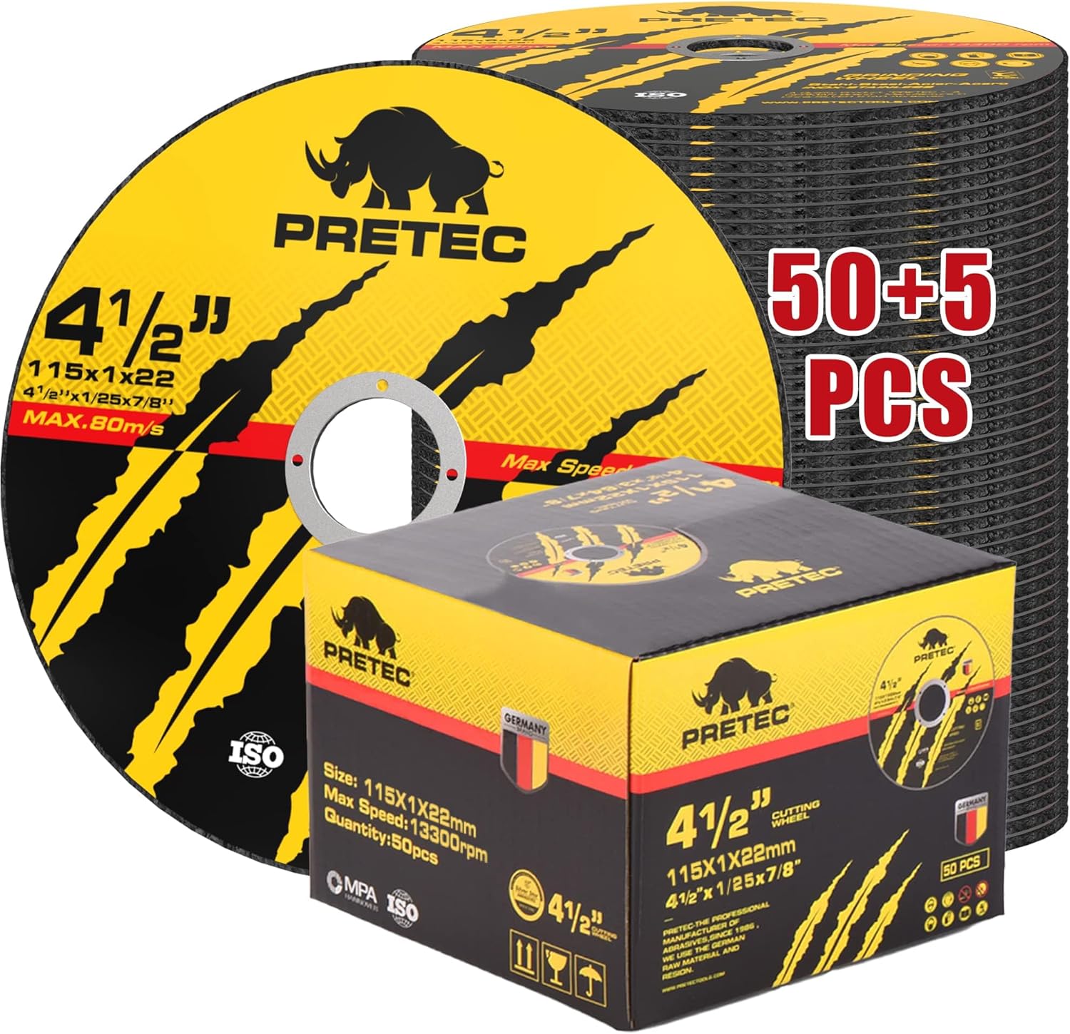 Cut Off Wheels 4-1/2", PRETEC 50+5 Pack Metal Cutting Wheel,Thin 4.5” Metal & Stainless Steel Fast Cutting Discs for Angle Grinder - 7/8" Arbor Hole