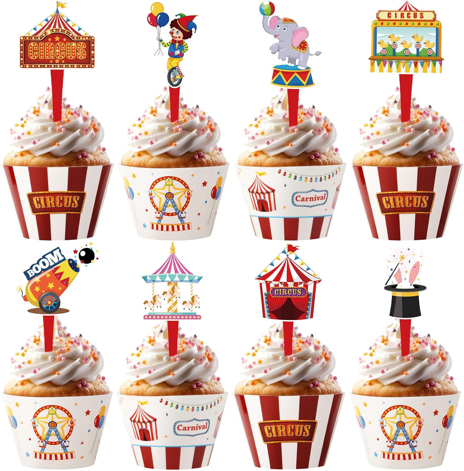 Hooqict 48 Pack Carnival Theme Party Decorations Circus Cupcake Toppers and Wrappers for Kids Boys Girls Circus Party Favors Carnival Birthday Cupcake Cake Decorations Supplies