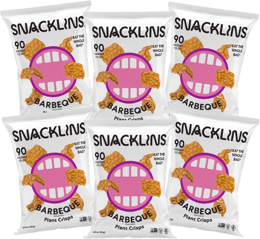 SNACKLINS Plant Based Crisps Barbeque Flavor cracklins - Gluten Free, Grain Free, 100% Kosher, Vegan Healthy Snacks, Crunchy Puffed Snack, Only 90 Calories Per Bag - .9oz Bag (Case of 6)