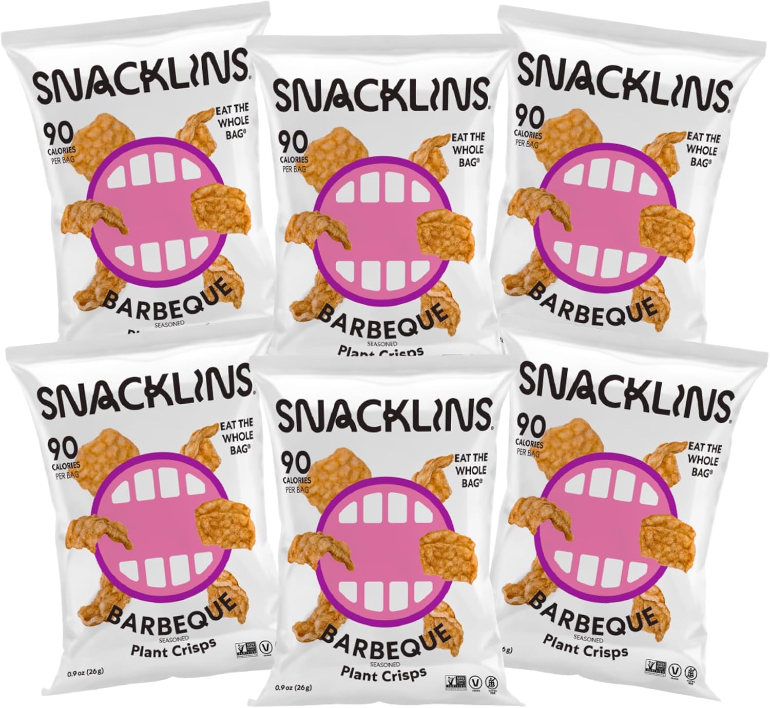 SNACKLINS Plant Based Crisps Barbeque Flavor cracklins - Gluten Free, Grain Free, 100% Kosher, Vegan Healthy Snacks, Crunchy Puffed Snack, Only 90 Calories Per Bag - .9oz Bag (Case of 6)