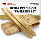 Professional Tweezers Set – Slant & Point, Ultra Precision German Stainless Steel Tweezers for Eyebrows, Chin, Ingrown Hair & Facial Grooming – Lightweight with Case - Gift Idea - Gold