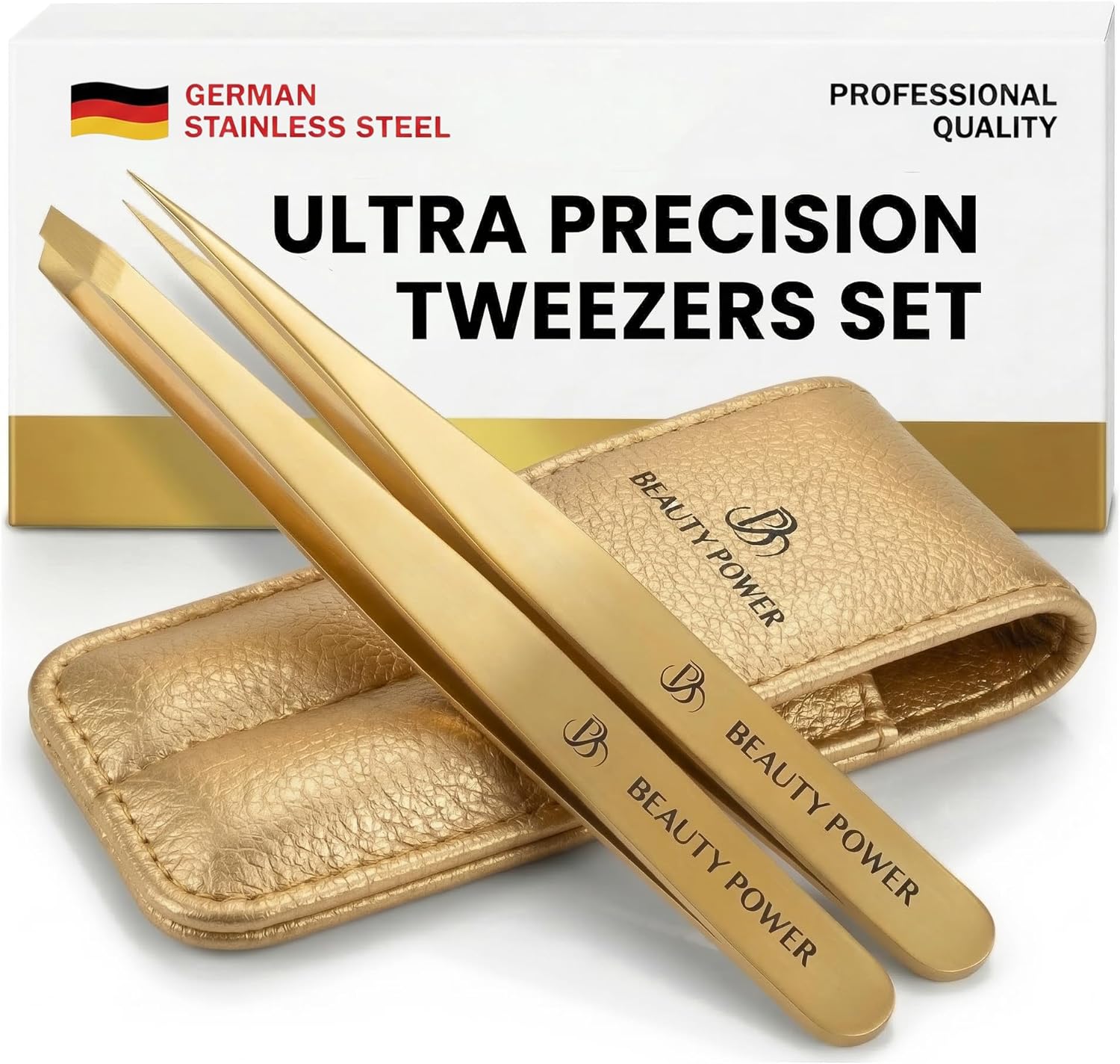 Professional Tweezers Set – Slant & Point, Ultra Precision German Stainless Steel Tweezers for Eyebrows, Chin, Ingrown Hair & Facial Grooming – Lightweight with Case - Gift Idea - Gold