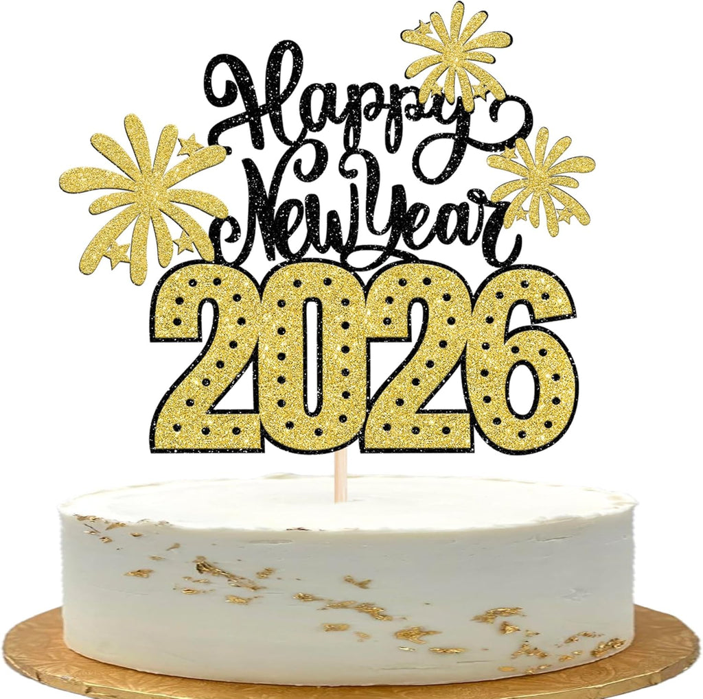 1 Pack 2026 Happy New Year Cake Topper Glitter Hello 2026 Fireworks Cake Pick Welcome 2026 Happy New Year's Eve Cake Decoration Party Supplies Gold