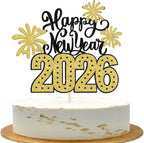 1 Pack 2026 Happy New Year Cake Topper Glitter Hello 2026 Fireworks Cake Pick Welcome 2026 Happy New Year's Eve Cake Decoration Party Supplies Gold