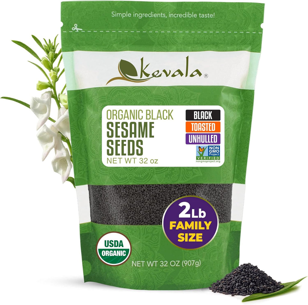 Kevala Organic Black Toasted Sesame Seeds - Unhulled Seeds for Baking and Cooking, Roasted Black Sesame for Asian Cuisine, Contain Unsaturated Fats and Lignans, Convenient Resealable Bag, 2 lb, 32 oz