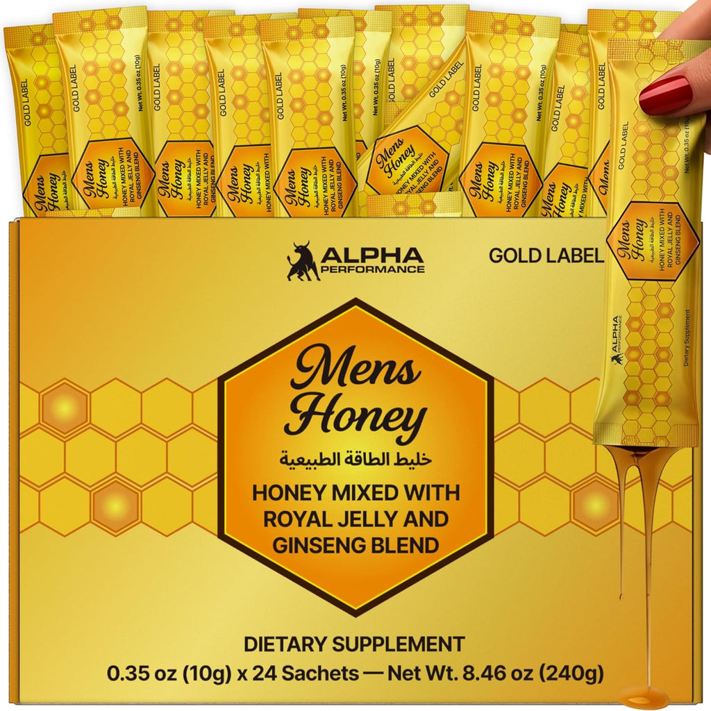 Mens Gold Honey - Royal Jelly Honey for Men, Extra Strength Quality, Herbal Superfood Mix - Raw & Natural Energy & Power Supplement, No Added Sugar - 24 Individual Packets, 10g