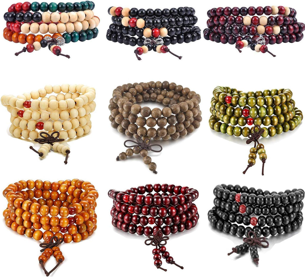 K&Q 9 Pcs Mens Womens Wood Chain Bracelets, Handmade Multilayer 8MM 108 Buddhist Strand Wood Mala Beaded Elastic Bracelet Necklace-Meditation Prayer Beads for Yoga, Spiritual Protection & Good Luck