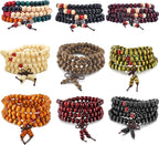 K&Q 9 Pcs Mens Womens Wood Chain Bracelets, Handmade Multilayer 8MM 108 Buddhist Strand Wood Mala Beaded Elastic Bracelet Necklace-Meditation Prayer Beads for Yoga, Spiritual Protection & Good Luck
