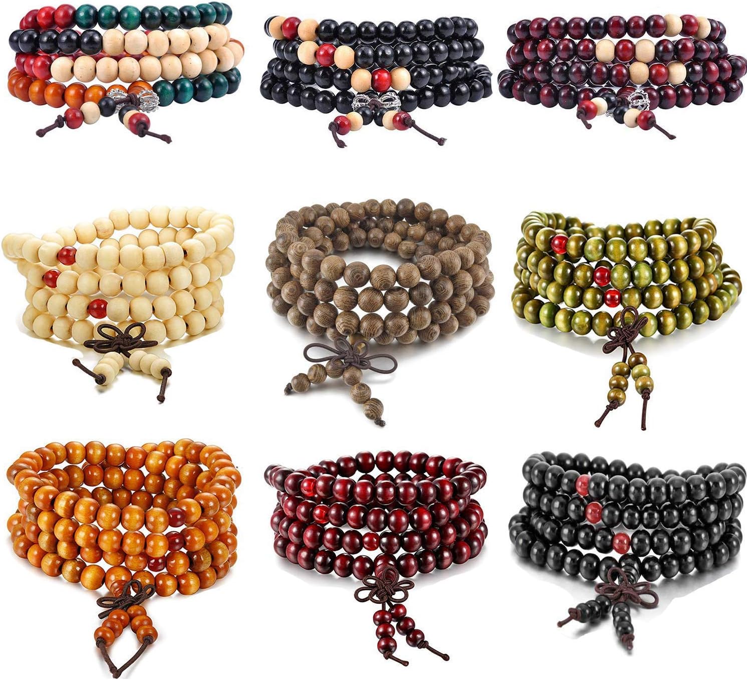 K&Q 9 Pcs Mens Womens Wood Chain Bracelets, Handmade Multilayer 8MM 108 Buddhist Strand Wood Mala Beaded Elastic Bracelet Necklace-Meditation Prayer Beads for Yoga, Spiritual Protection & Good Luck