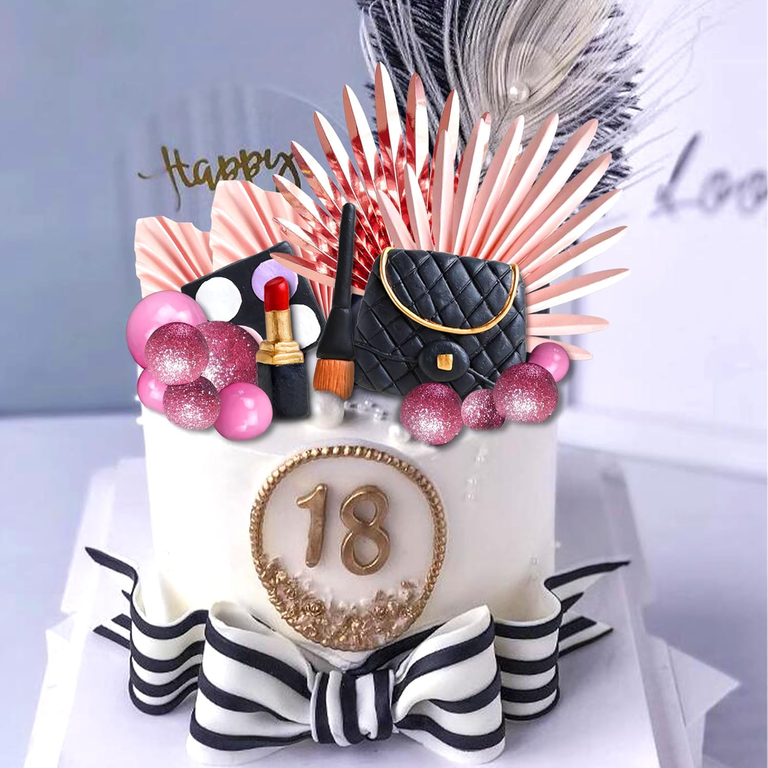 JeVenis Luxury Makeup Cake Topper - Glamour Party Decorations Pink Girl Birthday Balls Palm Leaves - Spa Birthday Party Decorations