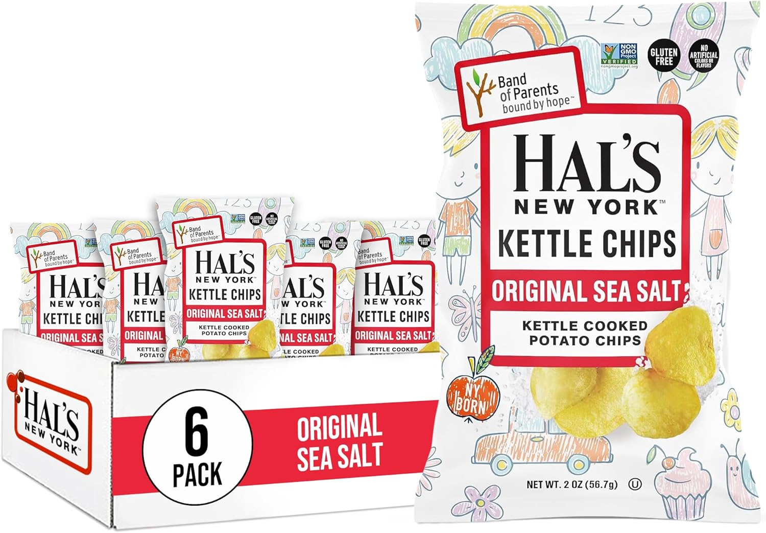 Hal's New York Kettle Cooked Gluten Free Original Sea Salt Salted Potato Chip Crisps, 2 Oz (Pack of 6)