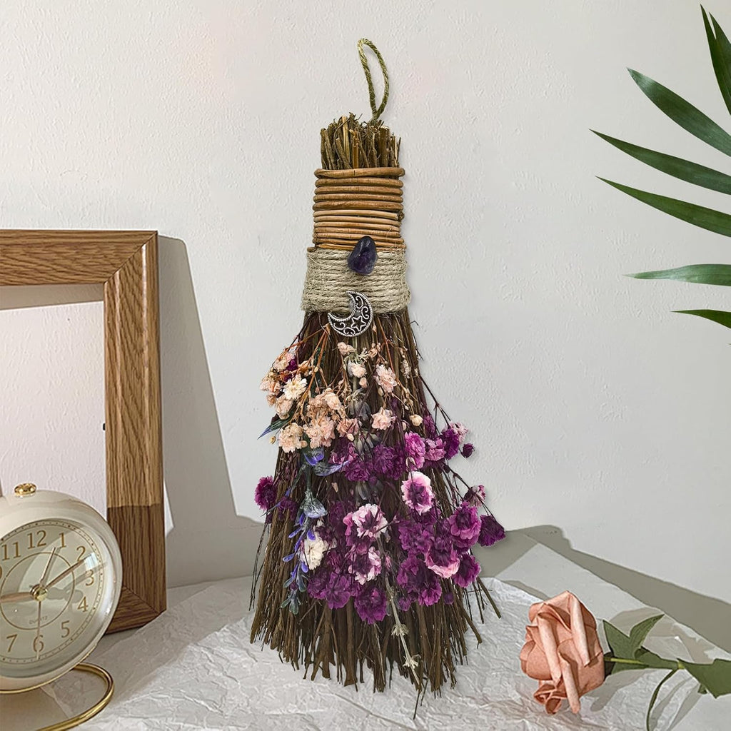 Cinnamon Broom 7.5 Inch Witch Broom for Altar Magic Crystal Handmade Mini Cinnamon Broomstick Scented Natural Herbal Protection Witchcraft Supplies for Wiccan Décor Witchy Gifts (Purple)