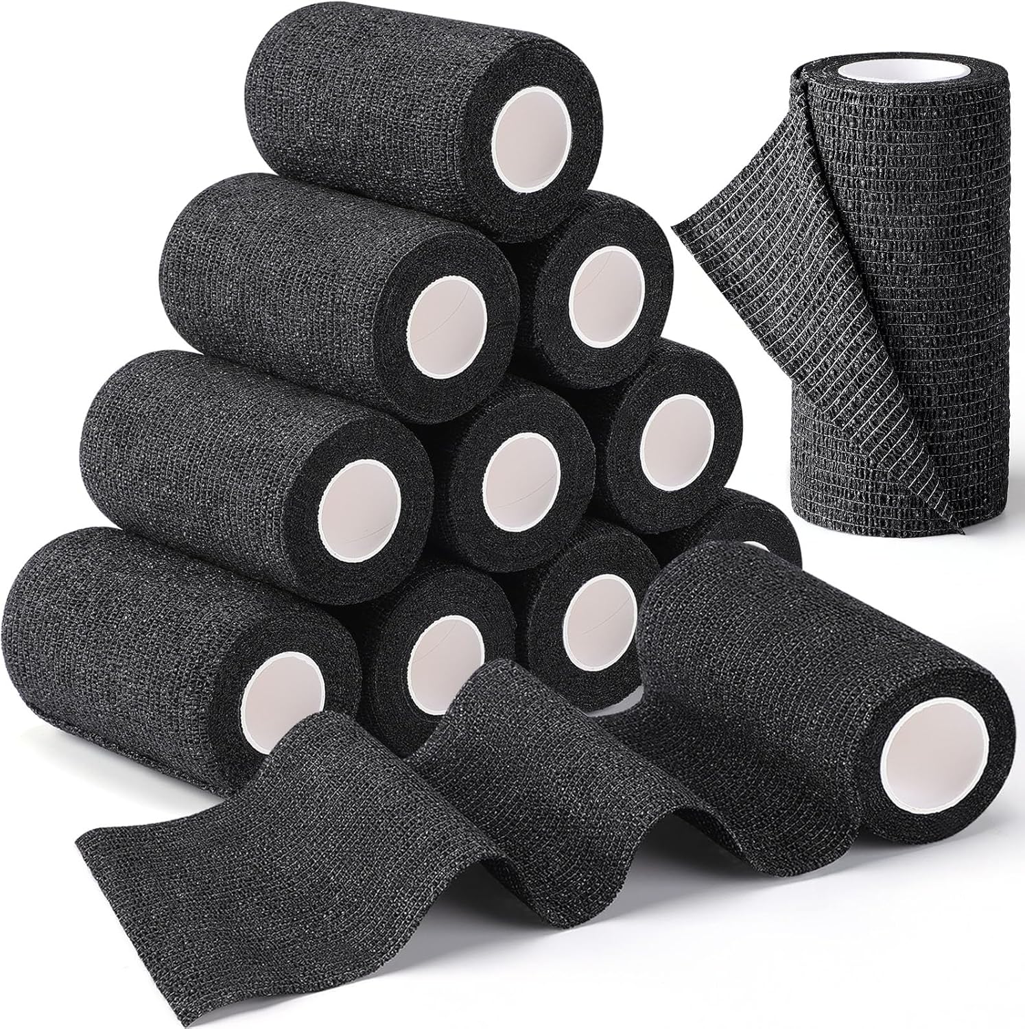 TOBWOLF 12PCS Self Adherent Bandage, 4" x5yd / 10cmx4.5m Cohesive Elastic Bandage Wrap, Breathable Sports Tape for Wrist Ankle Knee Leg Sprains Swelling - Black