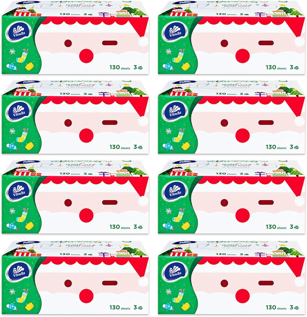 Vinda 3-Ply Ultra Care Facial Tissues, Cute Edition, Festive Holiday Boxes, 130 Tissues/Box, 8 Flat Boxes, Ultra Soft & Gentle for Sensitive Skin, Ideal for Home, Office, or Holiday Gifts