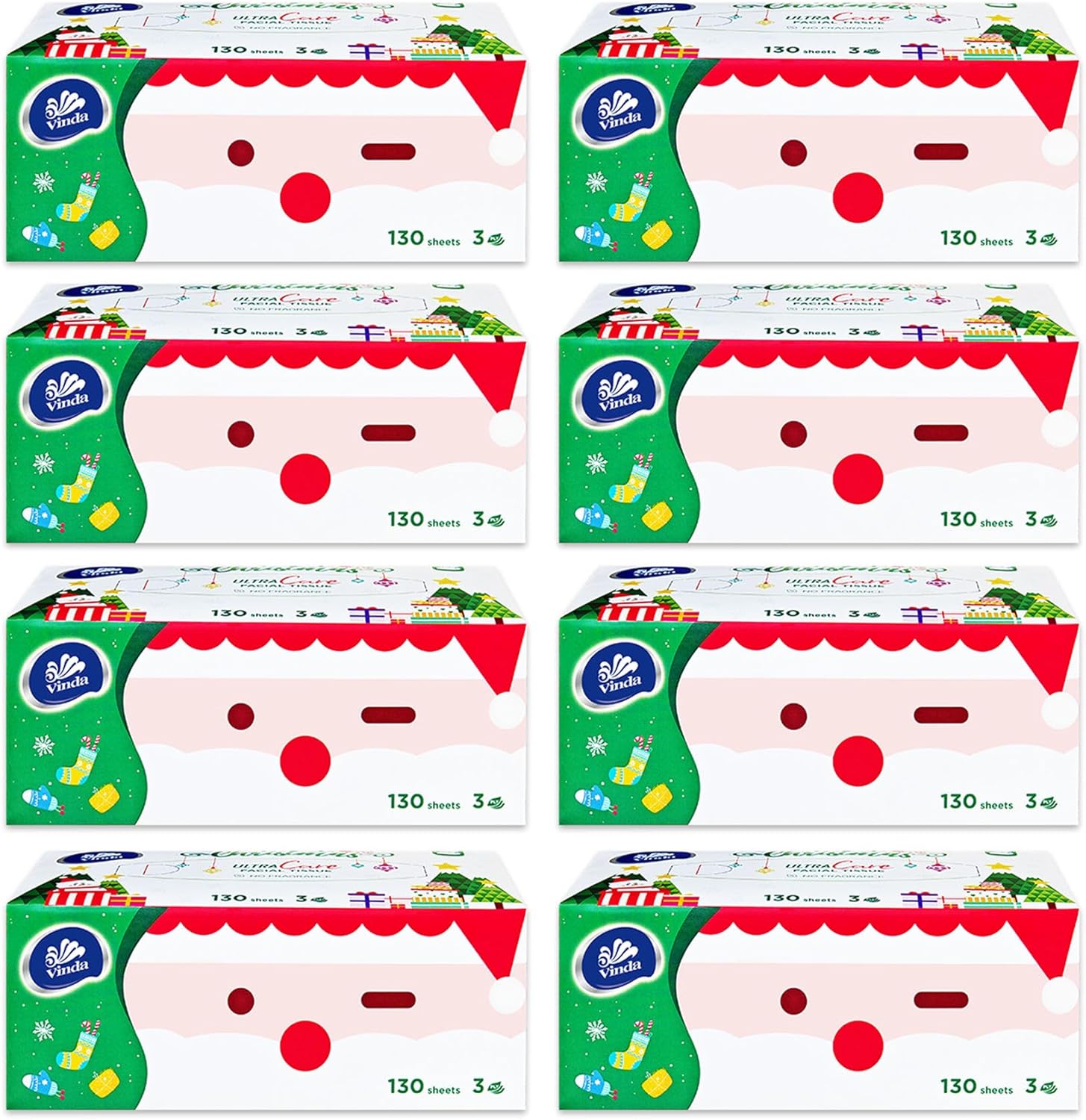 Vinda 3-Ply Ultra Care Facial Tissues, Cute Edition, Festive Holiday Boxes, 130 Tissues/Box, 8 Flat Boxes, Ultra Soft & Gentle for Sensitive Skin, Ideal for Home, Office, or Holiday Gifts