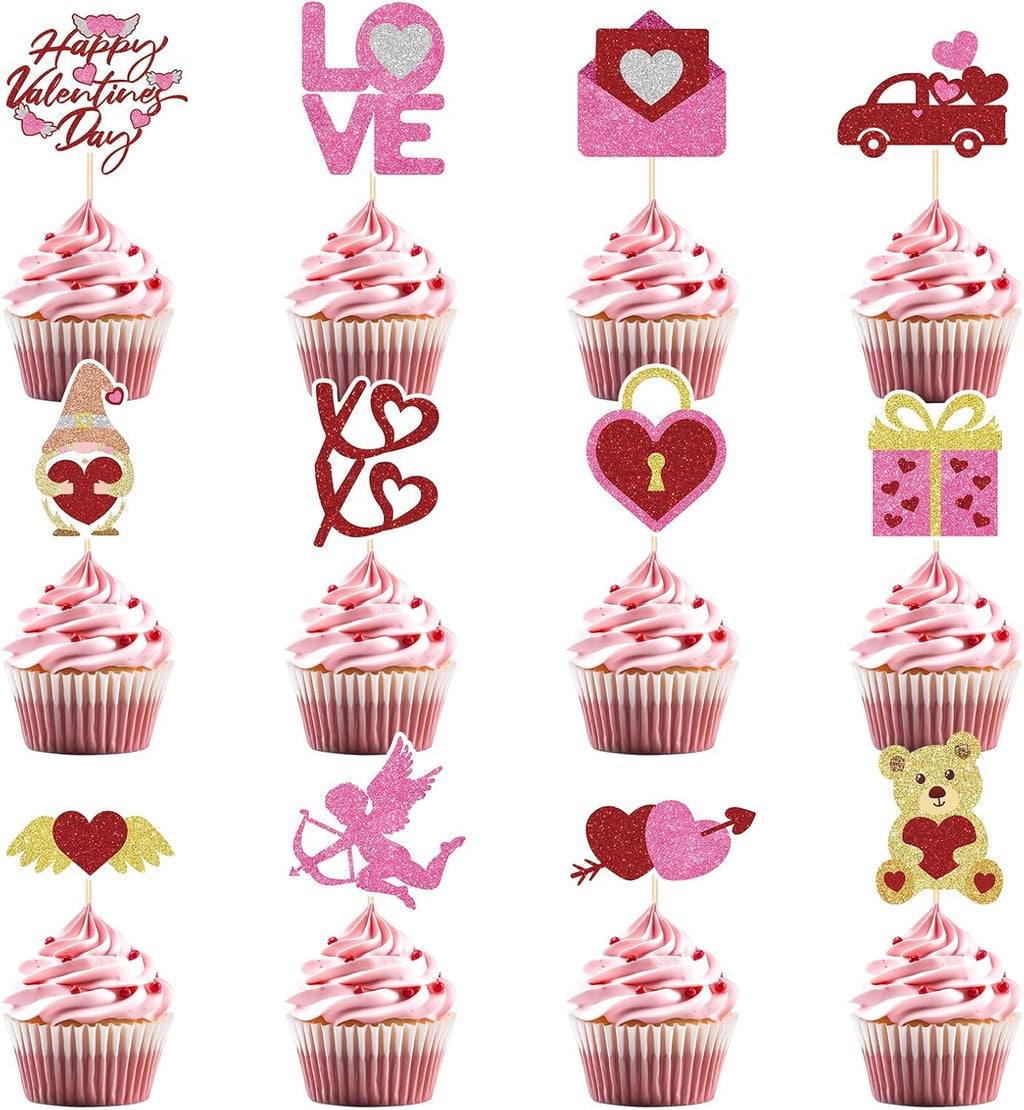 48 Pcs Happy Valentine's Day Cupcake Toppers Glitter Heart Love Cupcake Toppers Valentines Day Birthday Party Decorations Picks for Kids Wedding Anniversary Baby Shower Party Supplies
