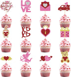 48 Pcs Happy Valentine's Day Cupcake Toppers Glitter Heart Love Cupcake Toppers Valentines Day Birthday Party Decorations Picks for Kids Wedding Anniversary Baby Shower Party Supplies
