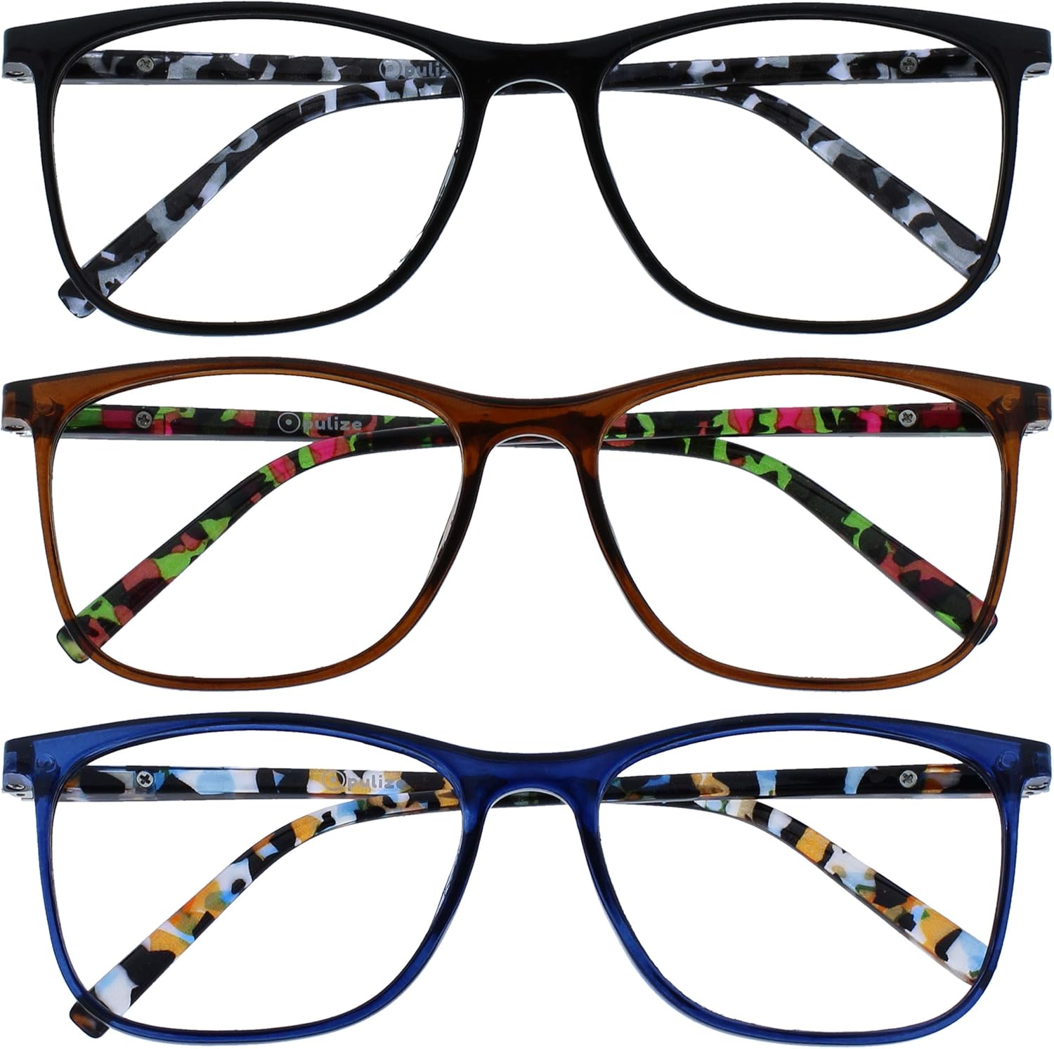 OPULIZE ARC Large Reading glasses for Women Men,Scratch Resistant Rectangular frame with Spring Hinges,Black, Brown, Blue +3 (Pack of 3)
