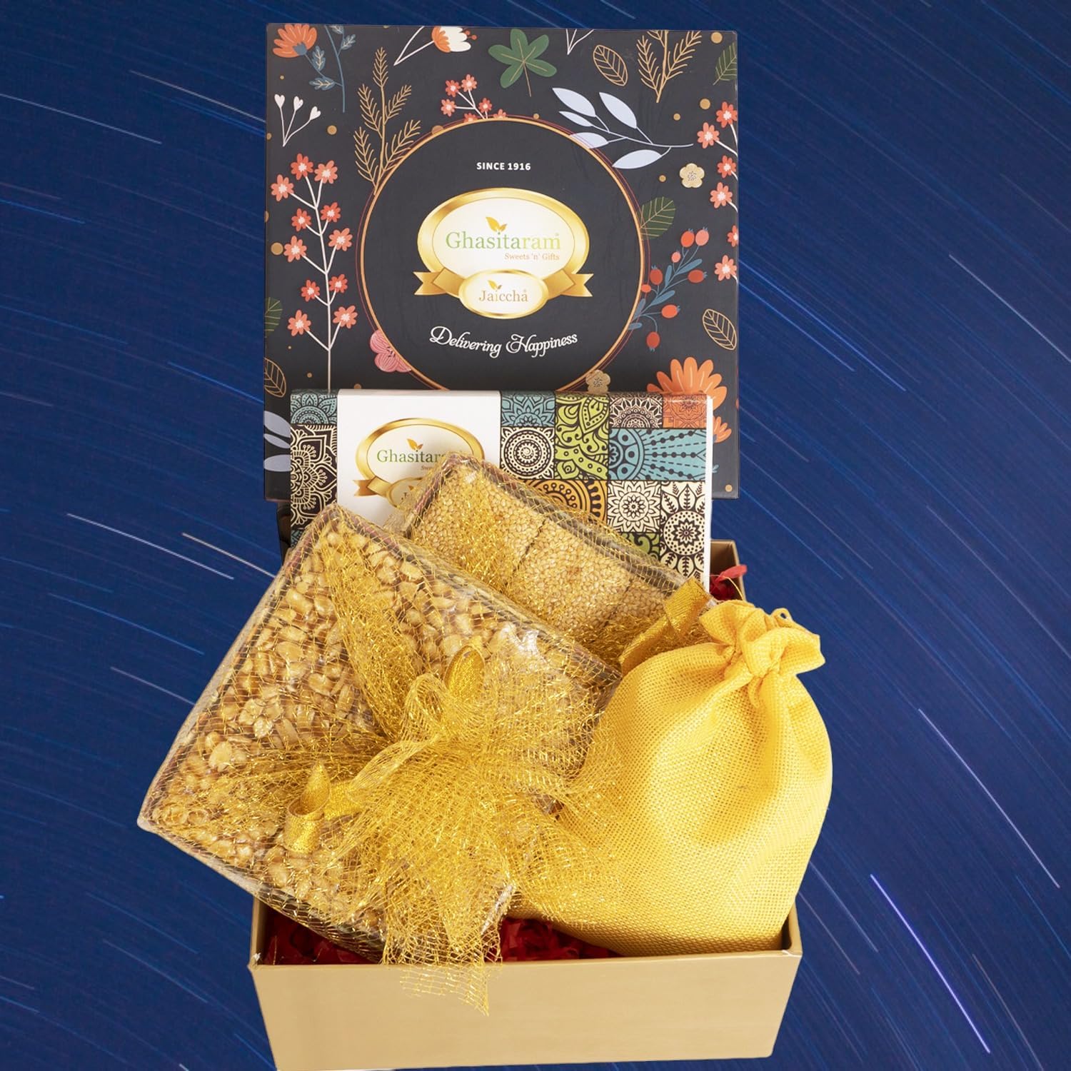 Ghasitaram Gifts Jaiccha Lohri Sweets Gachak hampers Lohri Hamper Box Small of Til Laddoo, Peanut and til chikki and Revadi