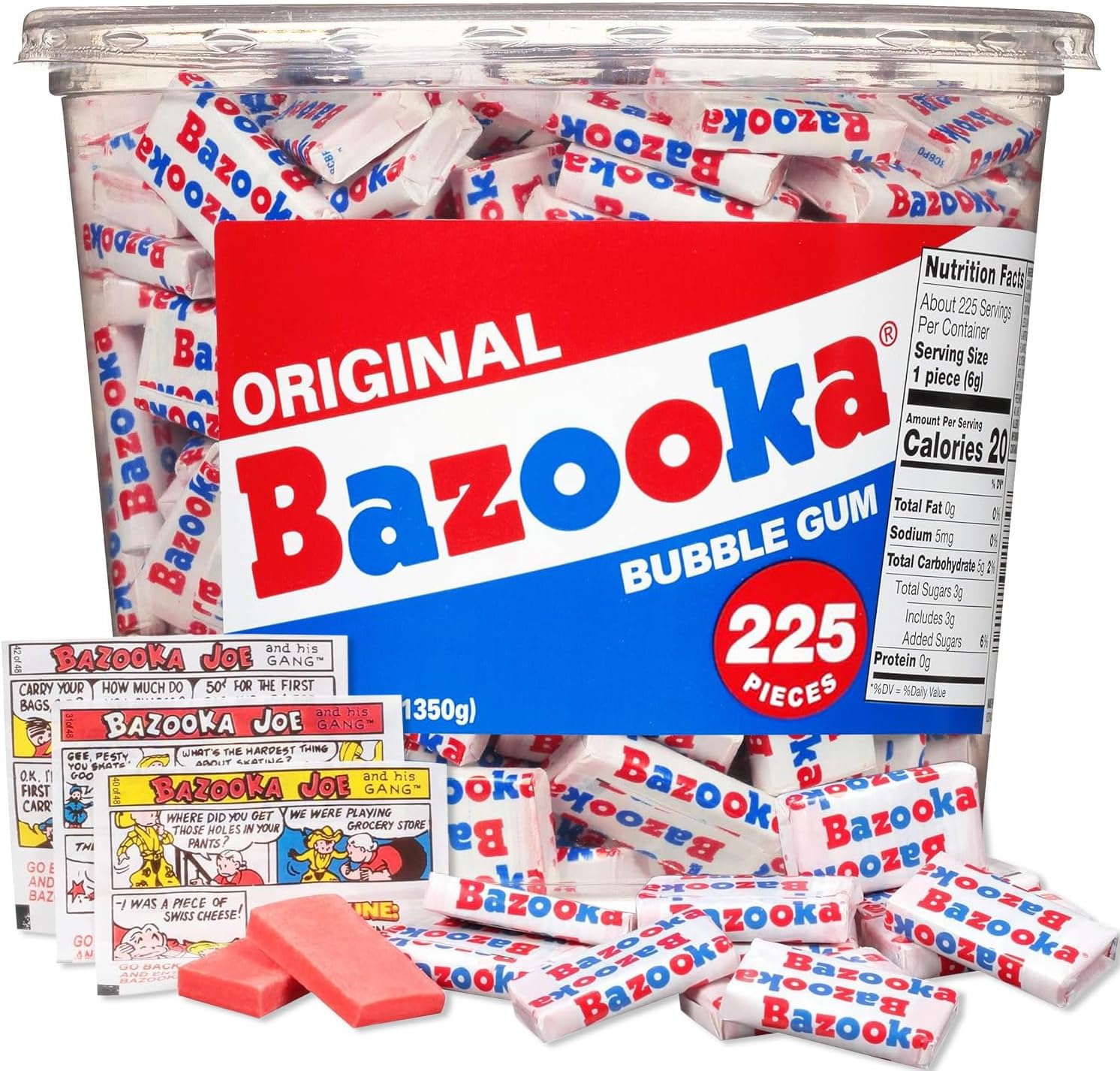 Bazooka Bubble Gum Bulk, 225 Count Tub of Chewing Gum Individually Wrapped, Old Fashioned 90's Candy for Baseball, Party Favors, Goodie Bags