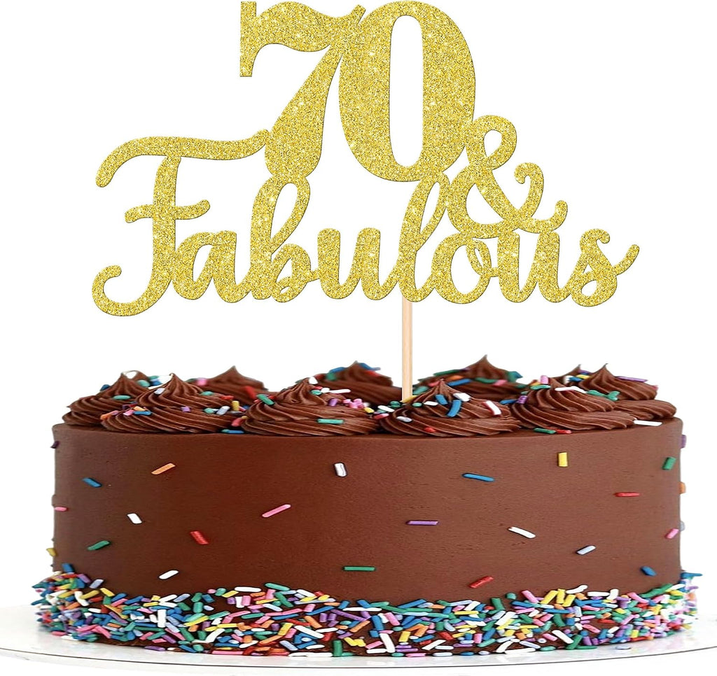1 PCS 70 & Fabulous Cake Topper Gold Glitter 70th Birthday Anniversary Cake Pick Decoration for 70th Birthday Wedding Anniversary Party Decorations Happy 70th Birthday Cake Decorations Supplies
