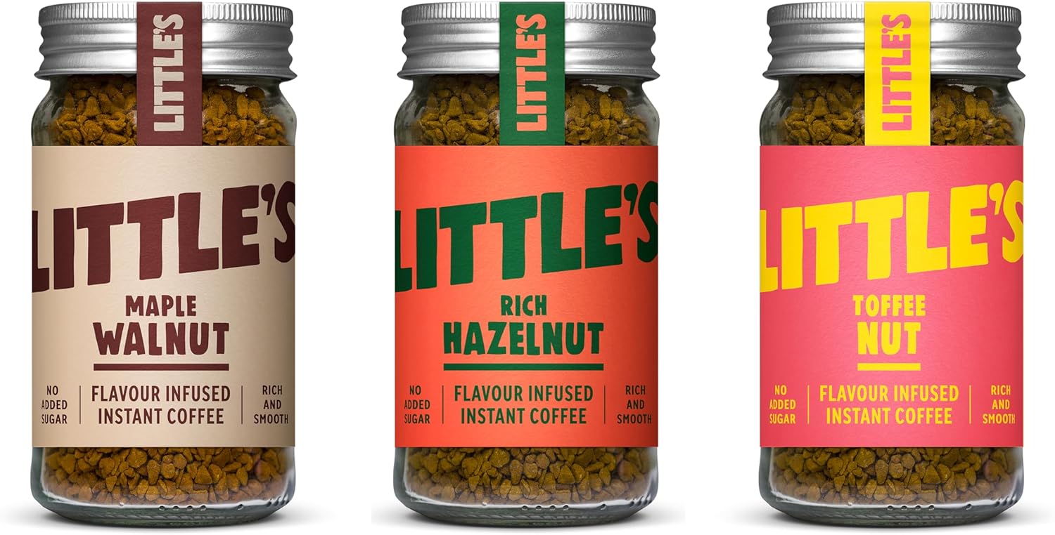 Little’s Flavored Instant Coffee Nut Lovers Gift Set of 3 – Maple Walnut, Toffee Nut, Rich Hazelnut – No Added Sugar, Freeze-Dried Instant Coffee, 3 x 1.76 oz Jars, Total 42 Servings