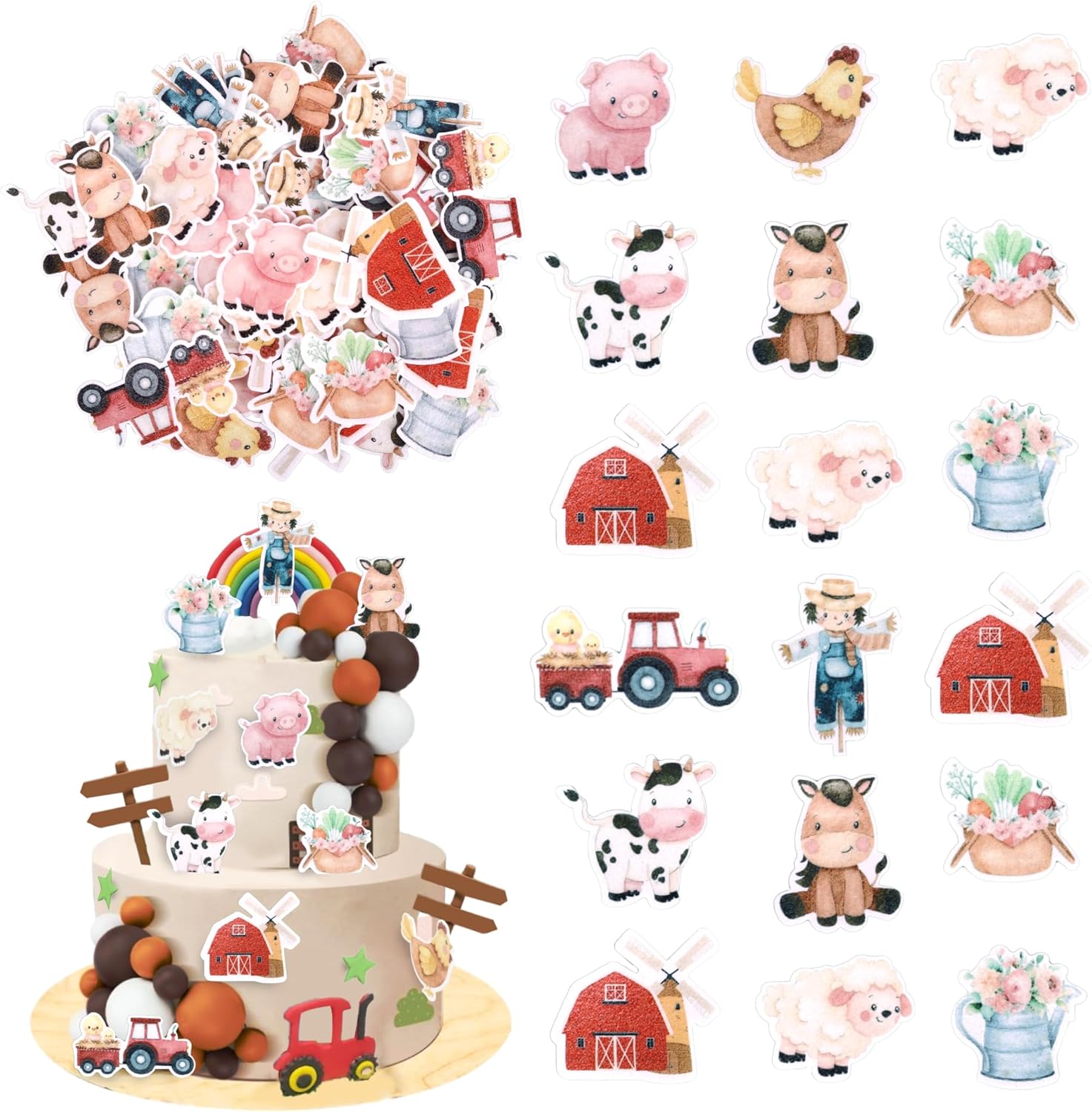 60 PCS Edible Farm Animal Cupcake Toppers Farm Animal Cake Decorations Farm Animals Cupcake Picks Edible Farm Birthday Party Decorations for Farm Animal Theme Baby Shower Birthday Party Supplies