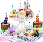 Weysat 27 Pcs Cat Cake Topper Animals Figures Birthday Party Decorations with Mini Birthday Hat with Pom Poms Animals Cupcake Toppers Decoration with Mini Skirt for Themed Party