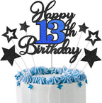 Happy 13th Birthday Cake Toppers, Black Blue Glitter Cake Decorations Set, 13th Birthday Decor, Birthday Anniversary Party Decorations Supplies