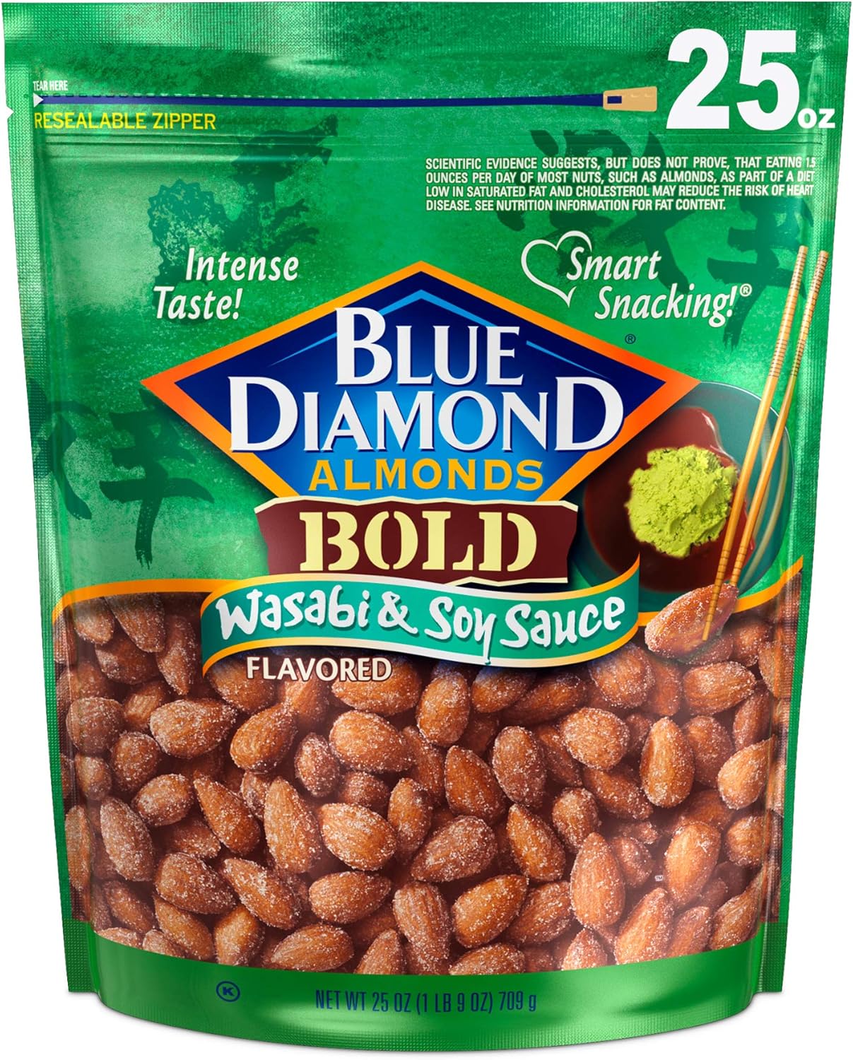 Blue Diamond Almonds, Bold Wasabi & Soy Sauce Flavored Snack Nuts, Bulk Bag, Pantry Staple, GMO-Free, Great for Parties, Lunch, Events, Holiday, and Healthy Snacking, 25 Oz Resealable Bag (Pack of 1)