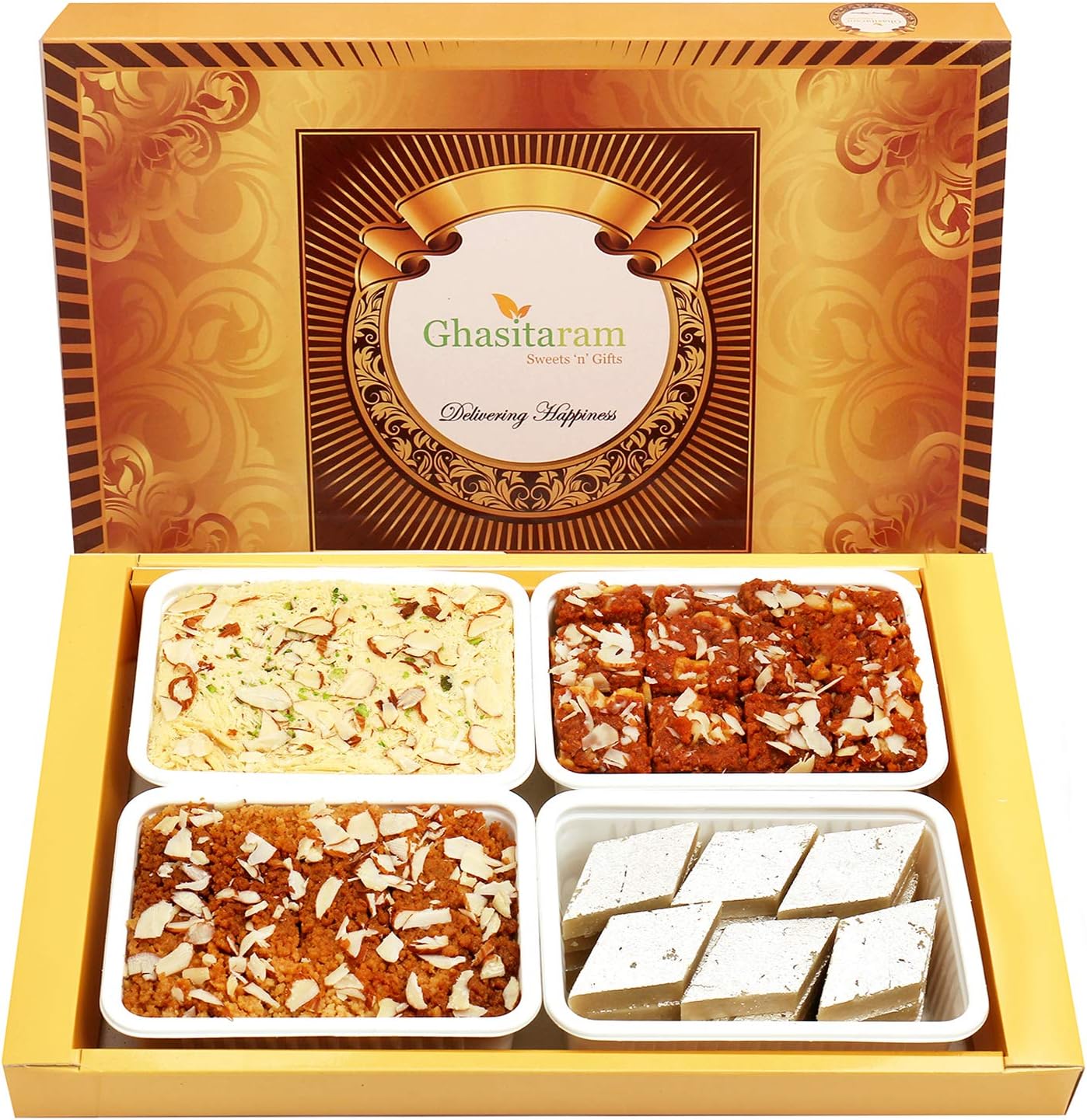Ghasitaram Gifts Indian Sweets - Diwali Gifts Diwali Sweet - Big Box of Kaju Katli, Soan Papdi, Dodha Barfi and Milk Cake