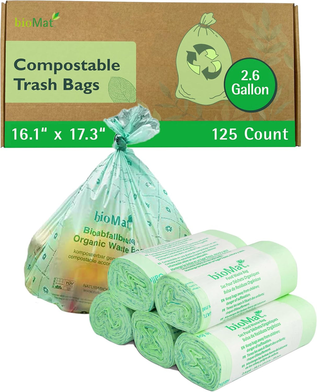 bioMat Compostable Trash Bags 2.6 Gallon, 125 Count, Small Kitchen Food Scrap Bin Liners, BPI, CMA and OK Compost HOME certified, Meets the ASTM D6400 Standard