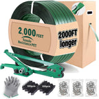 FoundGo PET Banding Strapping Kit for Heavy Duty Tough Pallet Packaging Strapping Tool with >1500lbs 5/8" x 2000' PET Strapping Roll & its own Pull-Out Box 200 Corner Protectors 450 Seals-Green