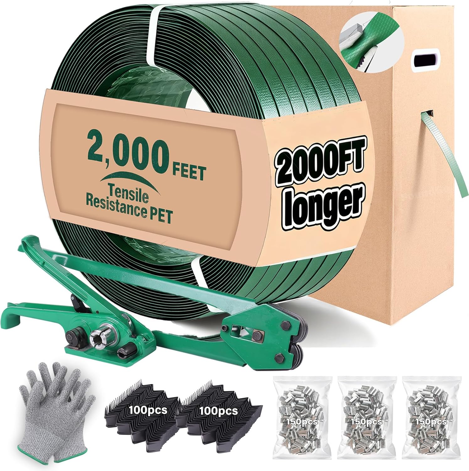 FoundGo PET Banding Strapping Kit for Heavy Duty Tough Pallet Packaging Strapping Tool with >1500lbs 5/8" x 2000' PET Strapping Roll & its own Pull-Out Box 200 Corner Protectors 450 Seals-Green