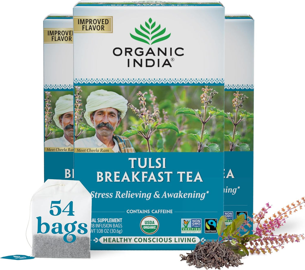 ORGANIC INDIA Tulsi Breakfast Herbal Tea - Black Tea, Holy Basil, Relieve Stress & Energize, USDA Organic, Non-GMO, Caffeinated - 18 Bags, 3 Pack