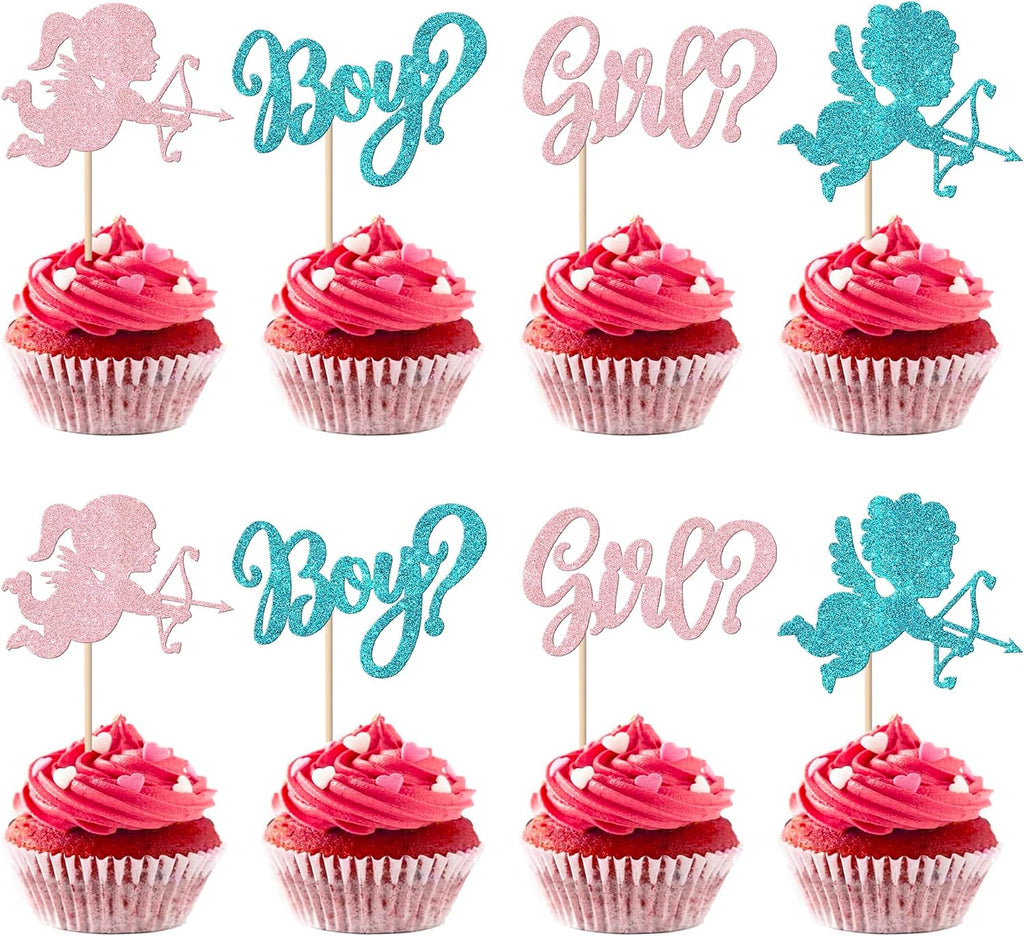 Rsstarxi 24 Pack Valentine's Day Gender Reveal Cupcake Toppers Glitter Boy or Girl Cupcake Toppers Pink or Blue Valentines Cupid Cupcake Picks for Baby Shower Gender Reveal Party Cake Decorations