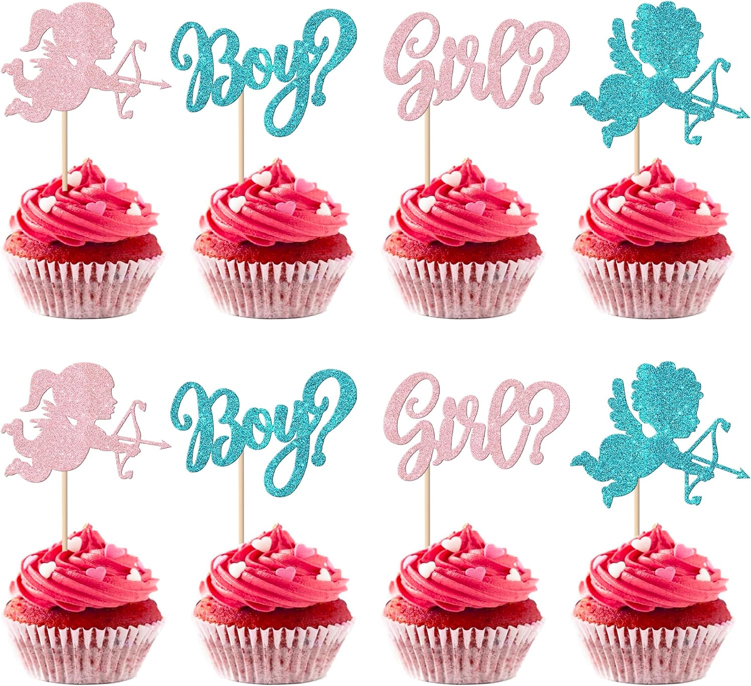 Rsstarxi 24 Pack Valentine's Day Gender Reveal Cupcake Toppers Glitter Boy or Girl Cupcake Toppers Pink or Blue Valentines Cupid Cupcake Picks for Baby Shower Gender Reveal Party Cake Decorations