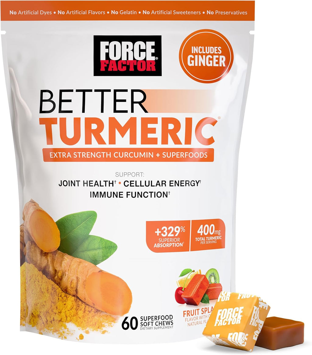 FORCE FACTOR Better Turmeric Supplement 400mg with Black Pepper & Ginger, Extra Strength Joint Support, Superior Absorption, Like Turmeric Gummies, Fruit Splash, 60 Turmeric Chews
