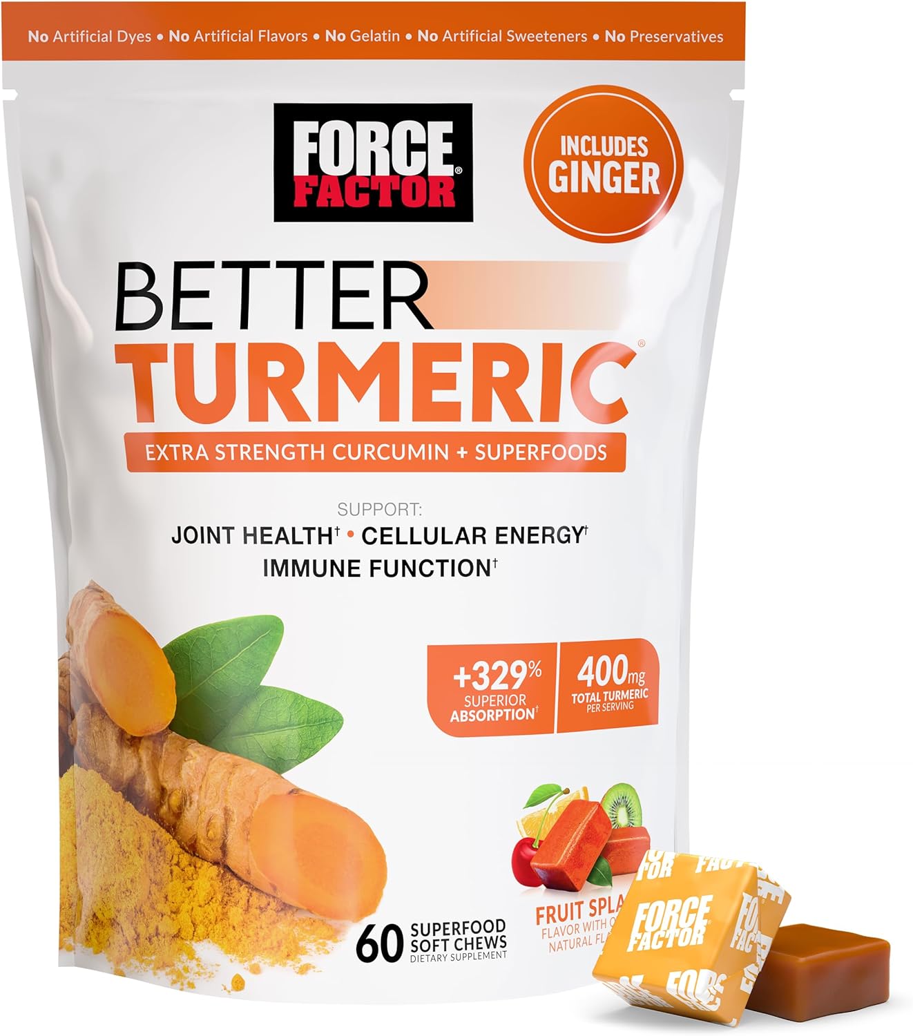FORCE FACTOR Better Turmeric Supplement 400mg with Black Pepper & Ginger, Extra Strength Joint Support, Superior Absorption, Like Turmeric Gummies, Fruit Splash, 60 Turmeric Chews