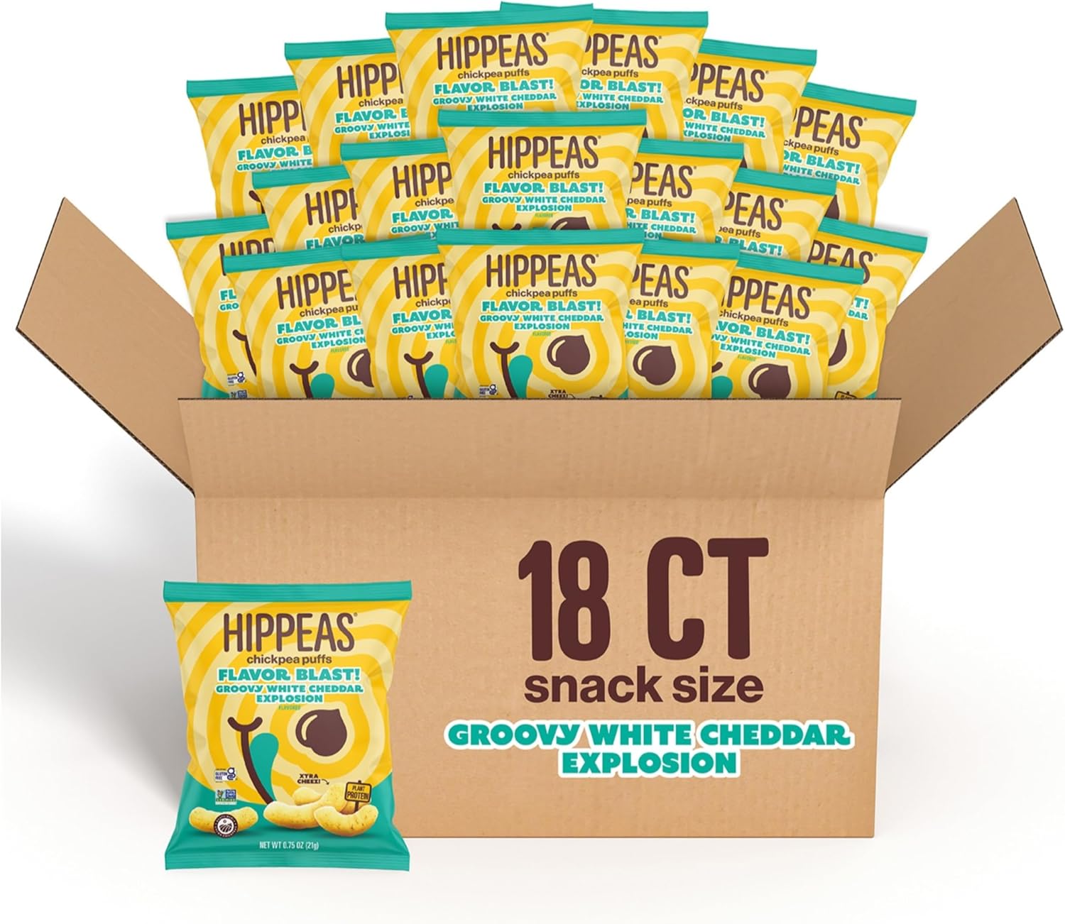Hippeas Chickpea Puffs, Flavor Blast: White Cheddar Explosion, 0.75 Ounce (Pack of 18), 3g Protein, 2g Fiber, Vegan, Gluten-Free, Crunchy, Plant Protein Snacks