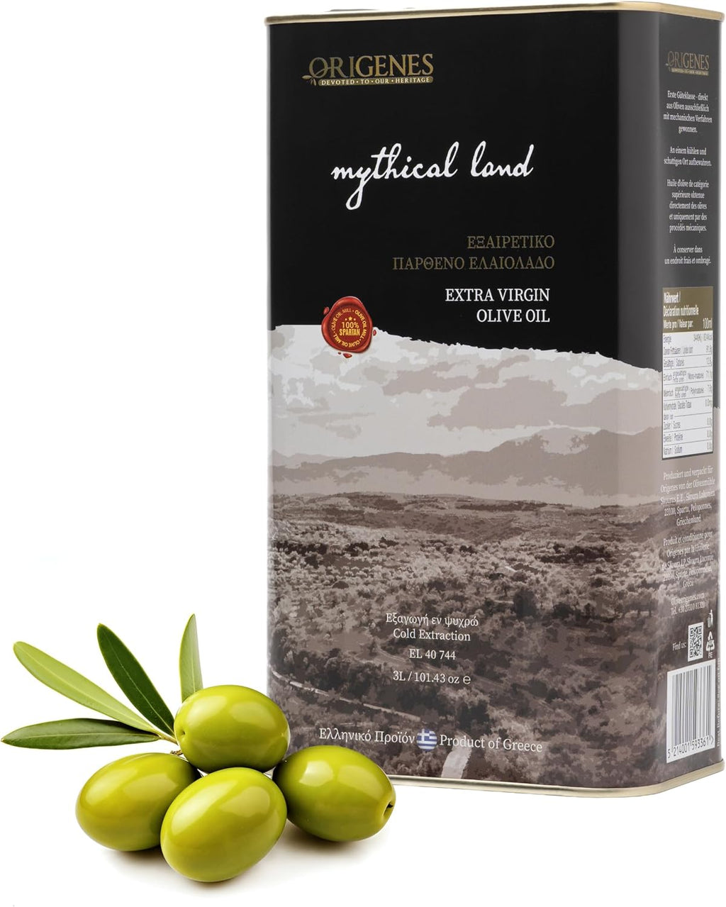Extra Virgin Olive Oil Tin, Great Taste Cold Pressed, Polyphenol Rich EVOO, KORONEIKI Olive Oil Extra Virgin, EVOO from the Land of Sparta 3lt Tin