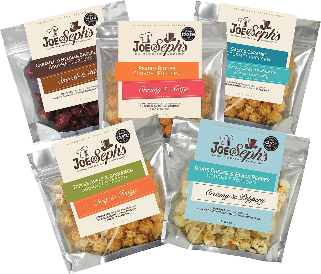 Joe & Seph's Bestsellers Selection (5x30g) Gourmet Popcorn, Salted Caramel, Toffee Apple & Cinnamon, Caramel & Belgian Chocolate and Goat's Cheese & Black Pepper, gift, movenight snack, airpopped