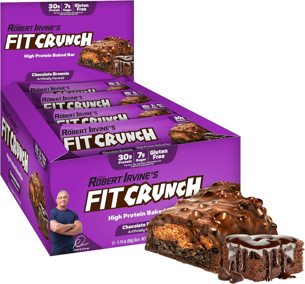 FITCRUNCH Full Size Protein Bars, 6-Layer Baked Bar, 7g of Sugar, Gluten Free & Soft Cake Core (12 Full Size Bars, Chocolate Brownie)