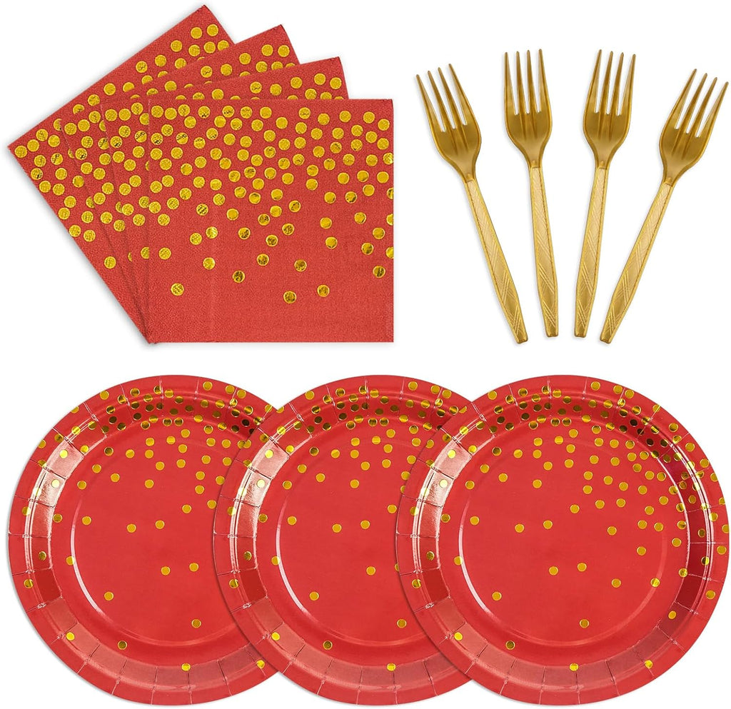 75Pcs Red Dots Glod Paper Plates and Napkins Party Supplies Set,Red Disposable Plates Party Supplies Includes Paper Napkins Forks Decorations for Birthday,Wedding,Christmas,Serves 25