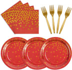 75Pcs Red Dots Glod Paper Plates and Napkins Party Supplies Set,Red Disposable Plates Party Supplies Includes Paper Napkins Forks Decorations for Birthday,Wedding,Christmas,Serves 25