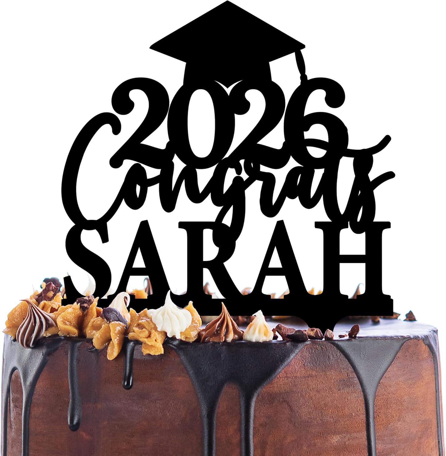 Personalized Graduation Cake Topper - Congrats Grad Cake Toppers w/Name and Date - Custom Acrylic Cake Decorations, Class of 2026 Cake Topper for Graduation Party - 3 Solid Colors