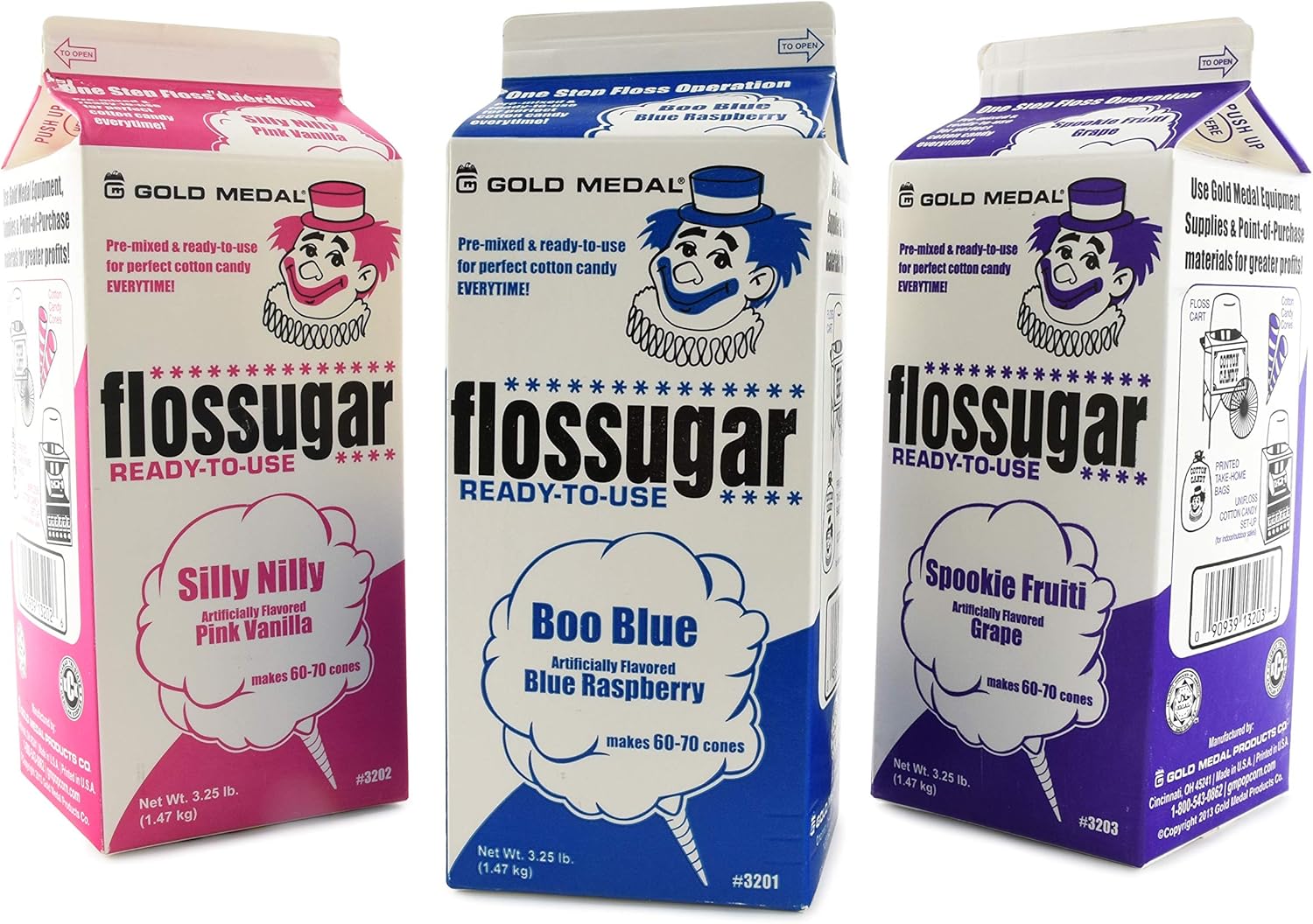 Cotton Candy Floss Sugar-Blue Raspberry, Pink Vanilla & Grape-1/2 Gallon-three Pack